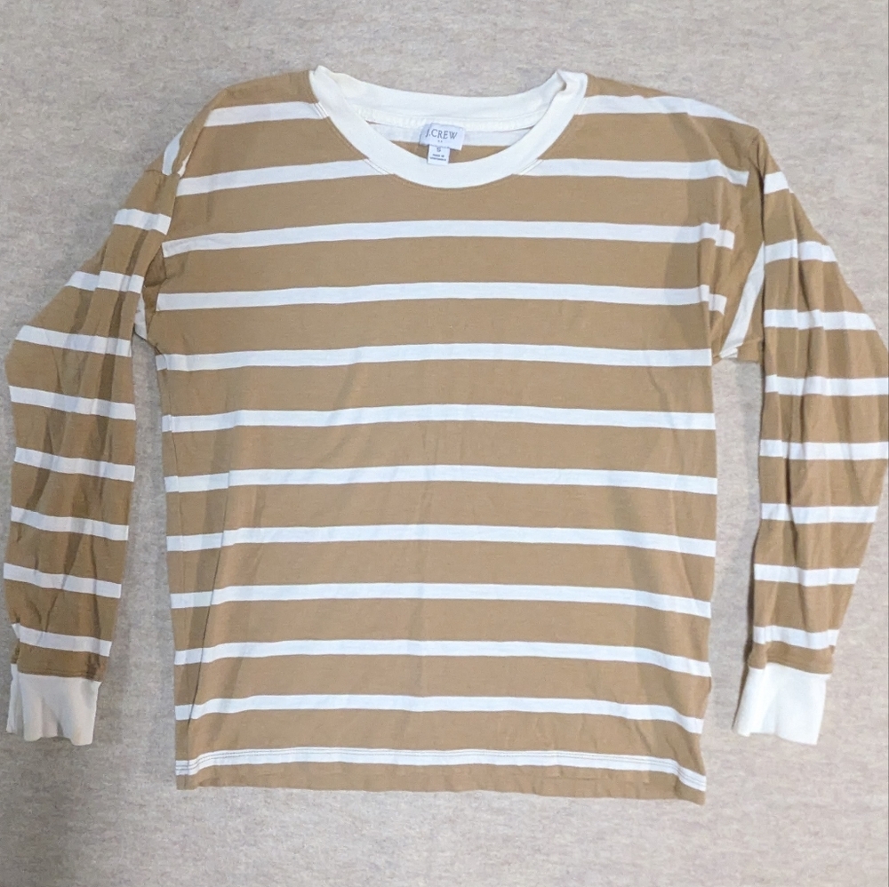 J Crew Tan White Stripe Casual Fair Trade Cotton Long Sleeve Crew Neck Shirt Sm